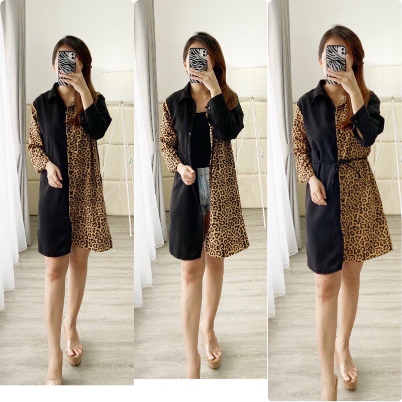 tunik kemeja leopard kombinasi polosan /tunik diana / K012940