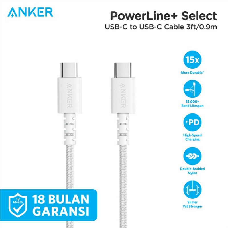 Kabel Charger Anker USB Type C to C White 0.9m - PowerLine+ Select A8032