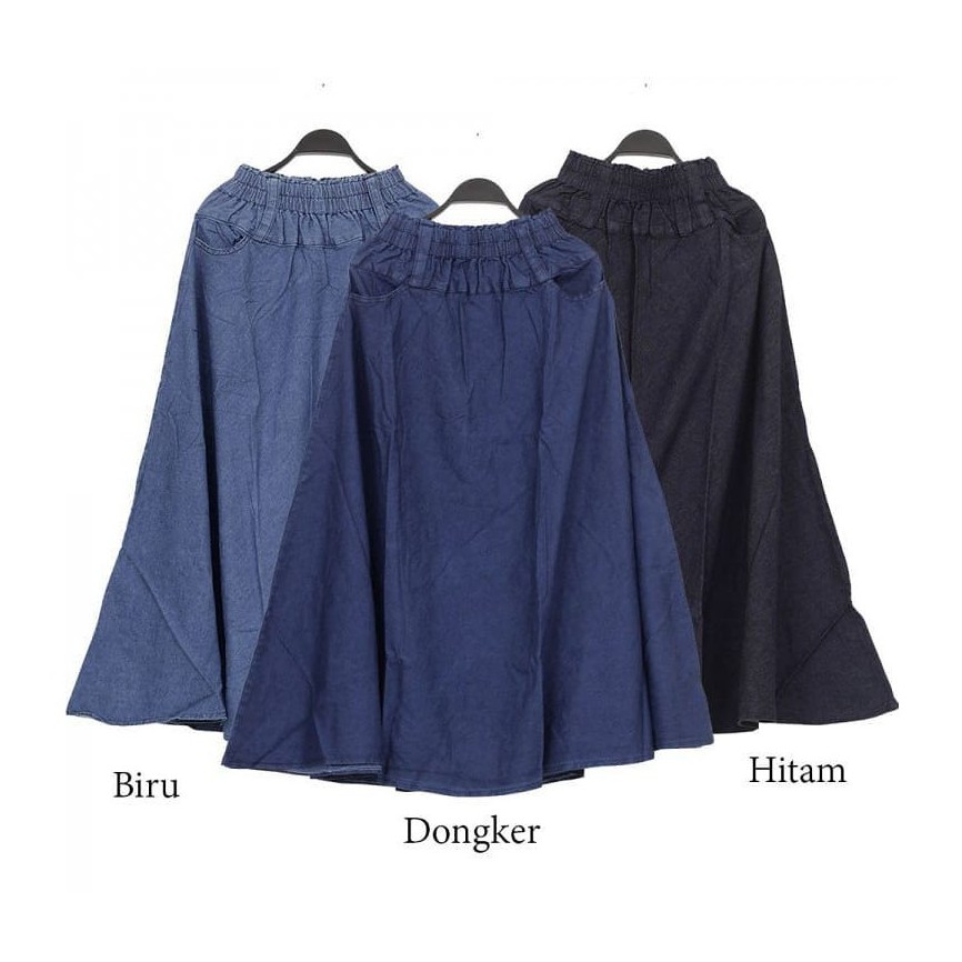 COD Etude Rok Jeans Payung panjang Size Big Jumbo Karet Melar/ ROK KLOK / FLARE SKIRT-Hitam