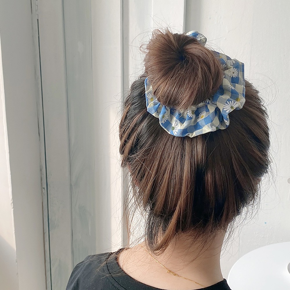 OVERFLOWS.ID Scrunchie Ikat Rambut Cepol Korea Lucu Bunga Daisy Kotak Tartan Bahan Katun BORDIR