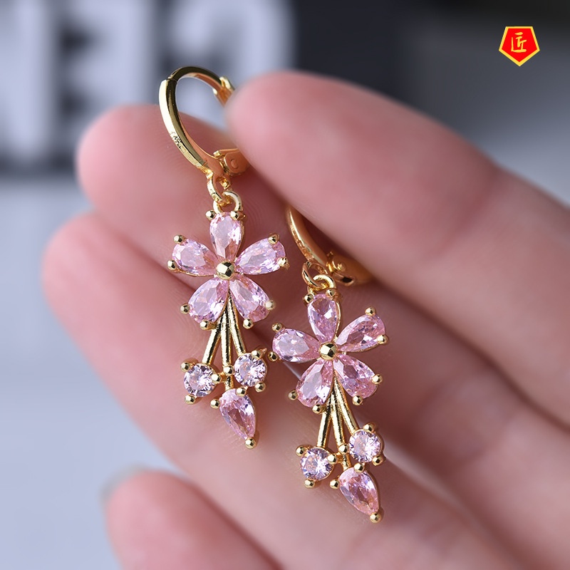 [Ready Stock]Simple Sweet 18K Gold Flower Inlaid Colored Gems Earrings