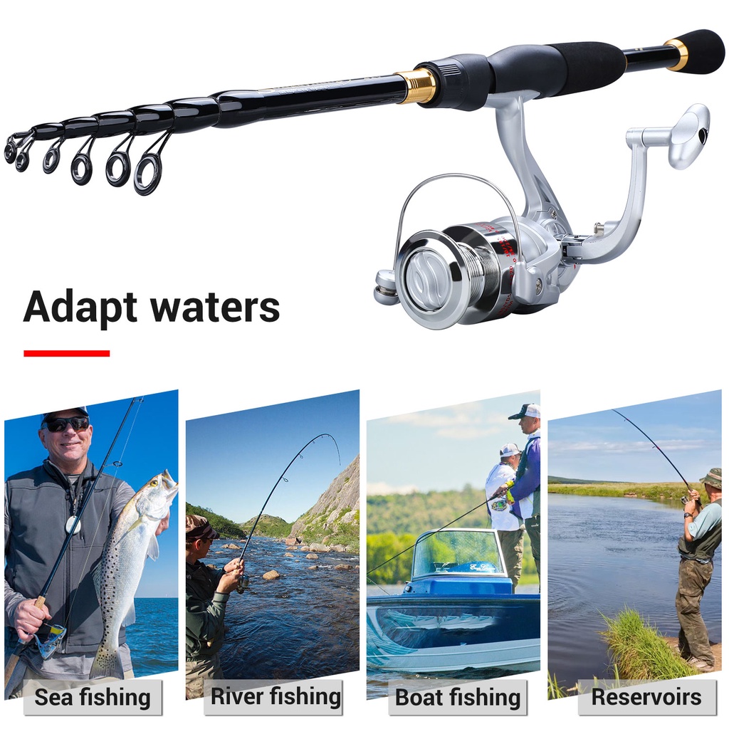 MURAH Fishing Set Portabel Carbon Fiber 1.8M 2.1M 2.4M Telescopic Fishing Rod Dan 5.2: 1 Rasio Gear Fishing Spinning Reel 1000 2000 3000 Kanan/Kiri Berubah Pegangan Untuk Air Tawar Memancing Set