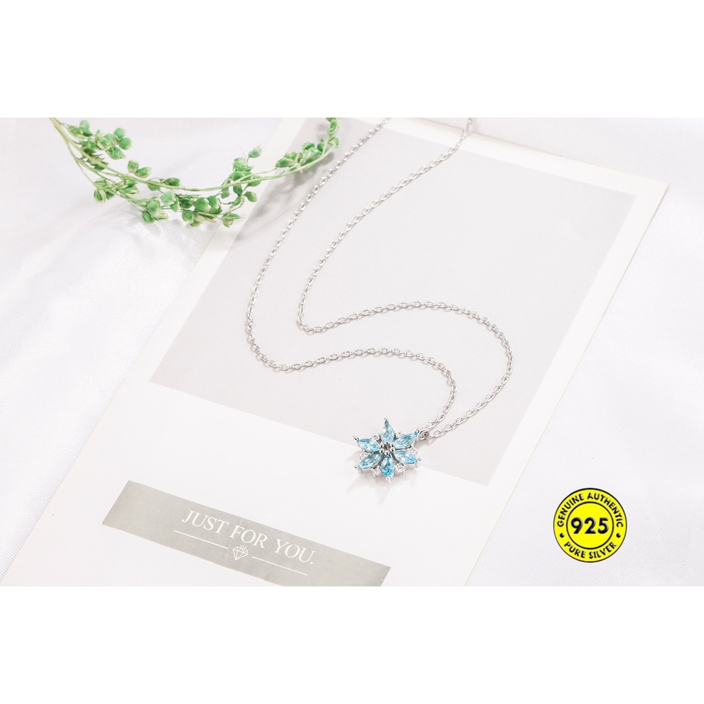 Kalung Rantai Sterling Silver 925 Liontin Snowflake Hias Berlian Biru Untuk Wanita / Musim Panas