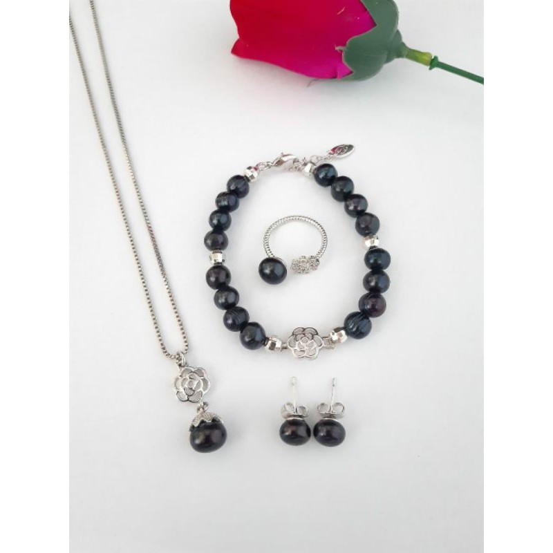 BERSERTIFIKAT SET PERHIASAN MUTIARA LOMBOK MUTIARA HITAM MODEL BUNGA