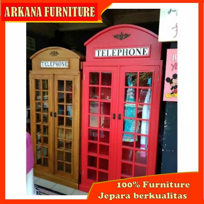 Almari Lemari Telephone London  Pajangan Hias Lengkap Dengan Kaca Kayu Mahoni Jepara