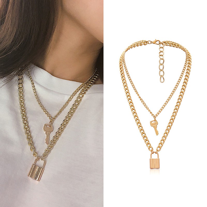 【Anti karat】COD Korean Fashion Kalung Gembok Emas Liontin Rantai Wanita Retro Simple Kunci L08