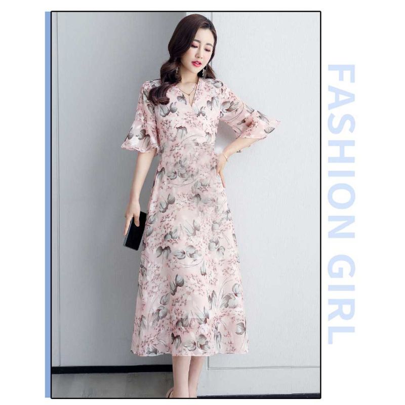Long Dress wanita motif bunga rame sifon korea lengan pendek elegant