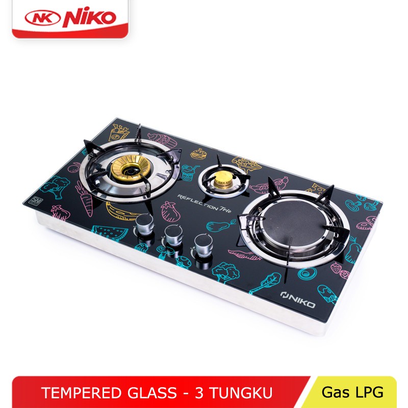 Kompor Kaca Reflection Niko TRIO 3 Tungku Mix Kompor Bara + Api Lilin