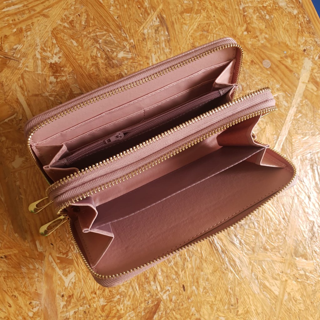 DOMPET WANITA 2 RESLETING PREMIUM PINK KULIT PANJANG KOREA MURAH FASHION ARIHA WA119P3 TALI