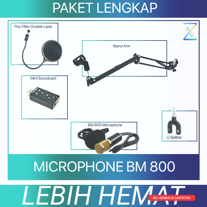 Paket Smule Streaming Vlogging Recording Microphone BM 800 + Stand Arm + Soundcard + Splitter