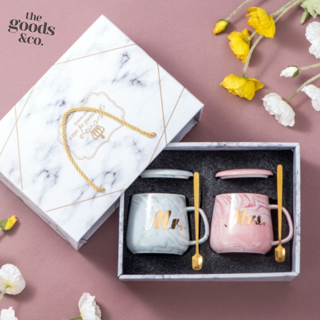 Gelas Couple Marble Mug Set Gift Box Cangkir Couple Mug Set Mr &amp; Mrs