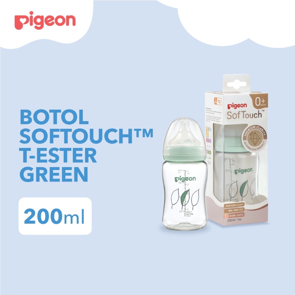 Pigeon SofTouch Peristaltic Plus PP Wide Neck Bottle T-Ester Light Green 0m+ Bulan Botol Susu 200ml