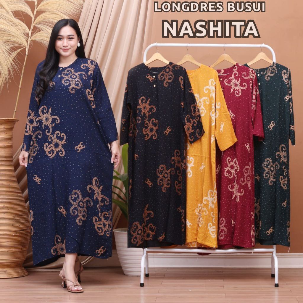 LONGDRESS CABUTAN BUSUI NASHITA LD 110 DASTER BATIK LENGAN PANJANG KANCING DEPAN BUSUI LONG DRESS