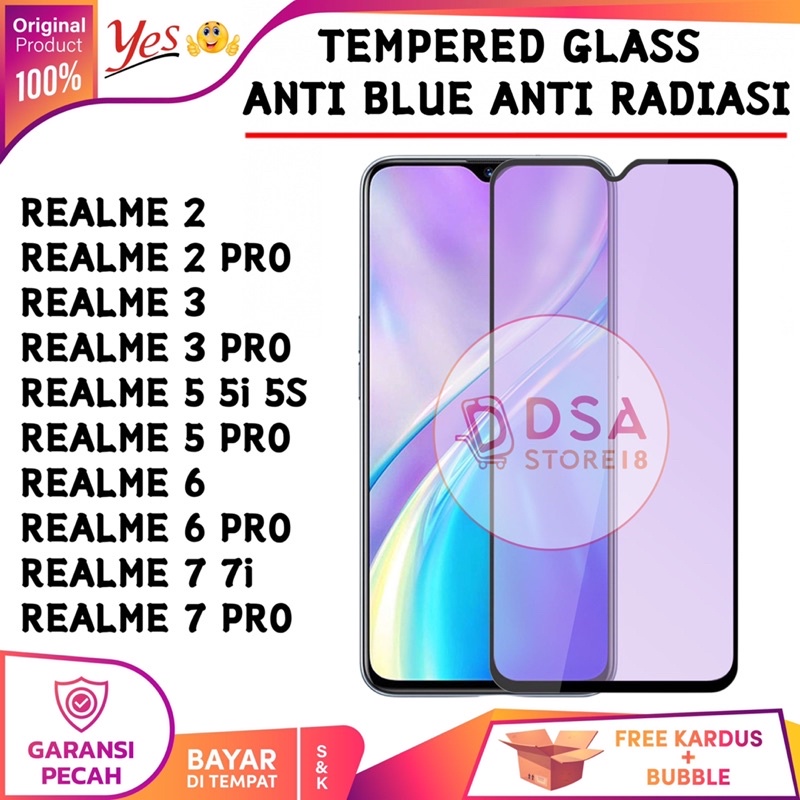 Anti Gores Realme 7 6 5 3 2 Pro 5i 5S 7i Tempered Glass Anti Blue Light Full Cover Anti Radiasi UV O