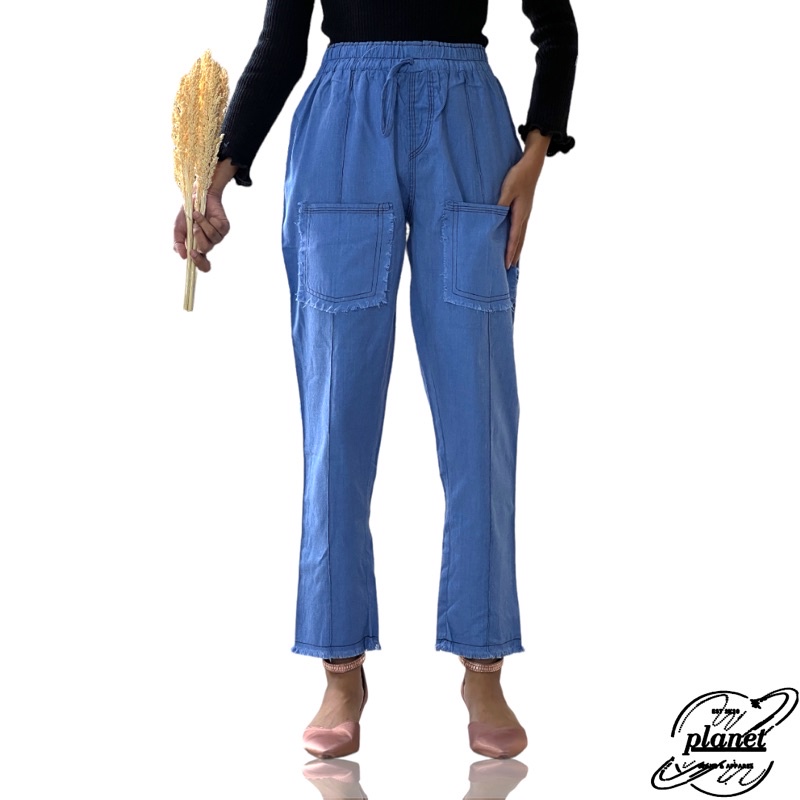 CELANA PANJANG BAGGY WANITA CELANA JEANS SAKU DEPAN CELANA BOYFRIEND JEANS PINGGANG KARET TALI