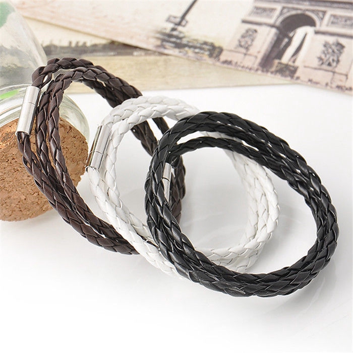 Korean Men's Multi Layer Braided Twist Bracelet Leather Rope Black Bracelet for Men