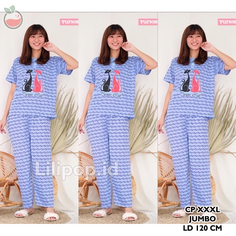 Lilipop.id  Baju Tidur Wanita CP Jumbo Twin cat Setelan Piyama BabyDoll XXXL Kaos Celana Panjang