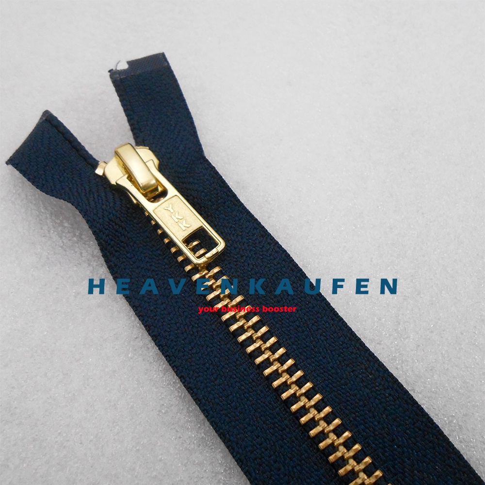 Resleting Zipper Jaket YKK 60 cm Atau 24 inch Type Gigi Besi Warna Biru Dongker Navy - Gold Emas Set Open End Buka Lepas