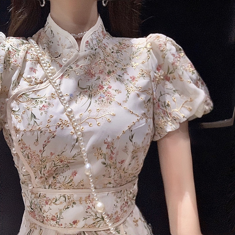 New women's summer palace style 2022 Vintage French bone etching improved dress young girl cheongsam