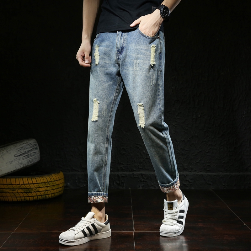 E F Celana  Panjang Harem Jeans  Denim  Model Sobek  Bolong 