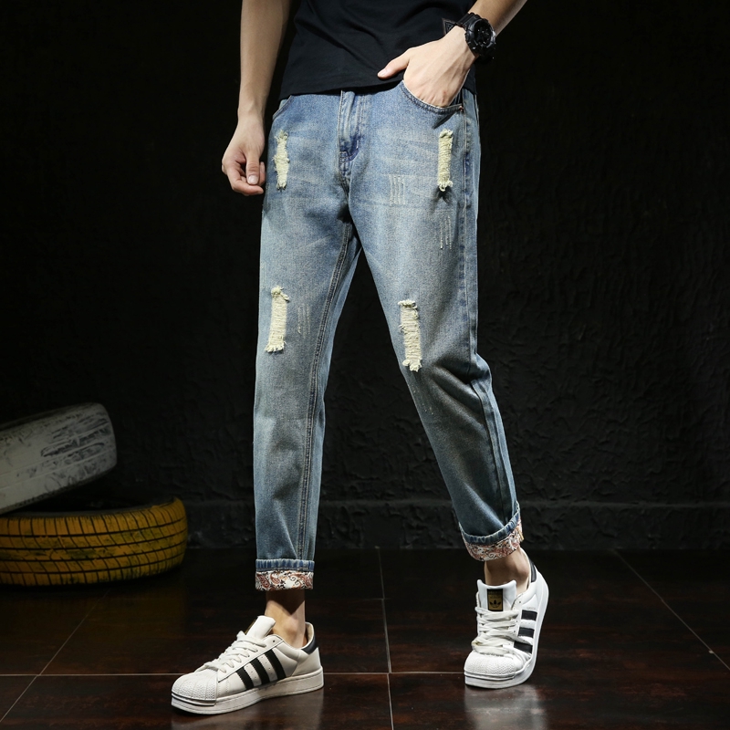 E F Celana  Panjang Harem Jeans  Denim  Model  Sobek  Bolong 