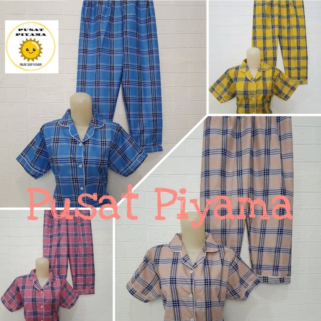 Baju Tidur Piyama Wanita Motif Kotak Pajamas Cewek Korea Kekinian Daily Set Katun Oslin