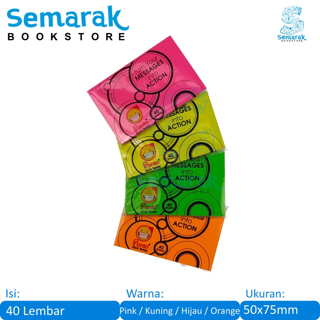Pronto Stick Notes Memo Tempel 1 Warna 50 mm x 75 mm - Hijau / Orange / Pink / Kuning [40 Lembar]