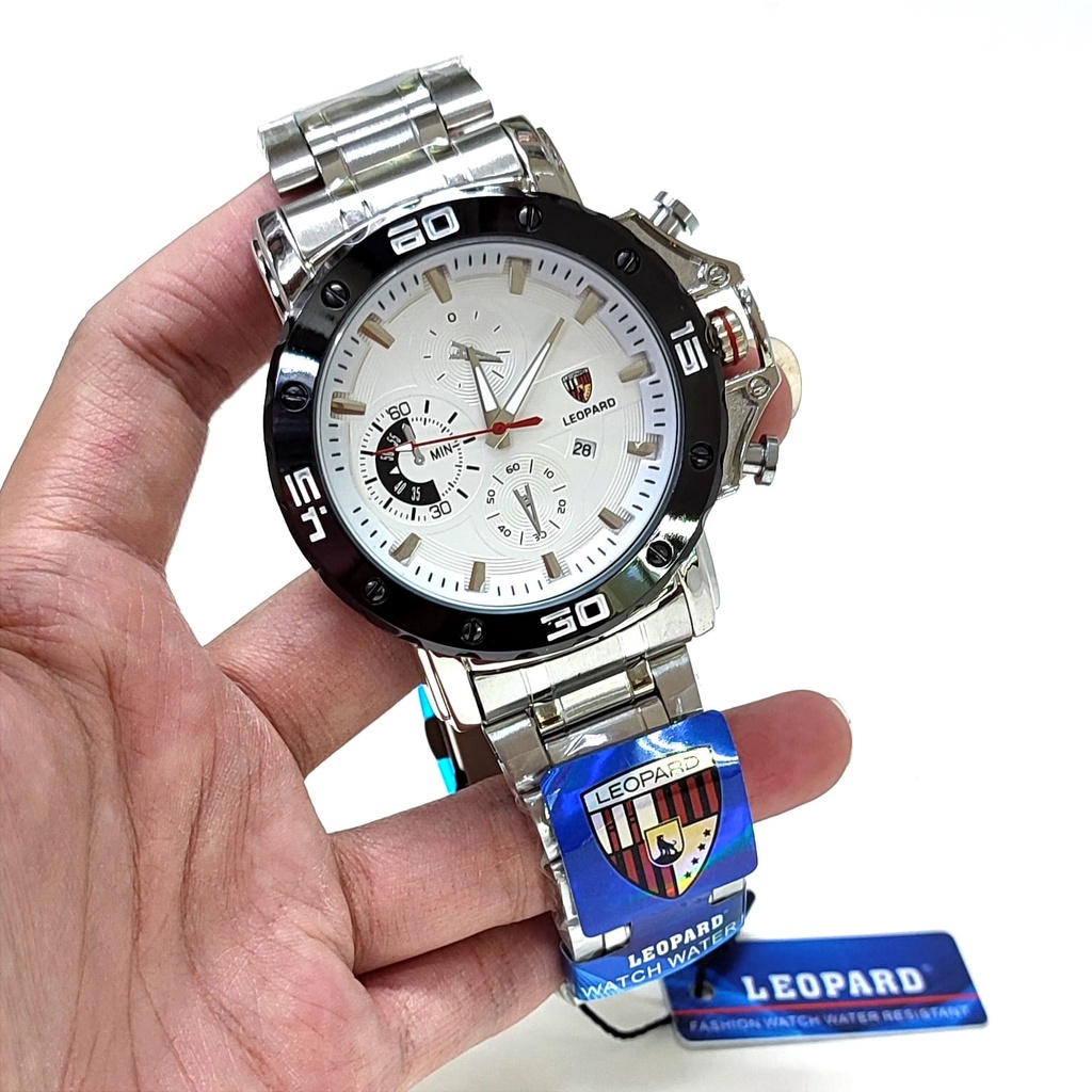BEST SELLER JAM TANGAN PRIA LEOPARD X60 TALI RANTAI CHRONO HIASAN TANGGAL AKTIF DM 4.8CM FREE BOX BATERAI CADANGAN || JAM TANGAN FASHION PRIA JAM TANGAN COWOK MURAH LEOPARD