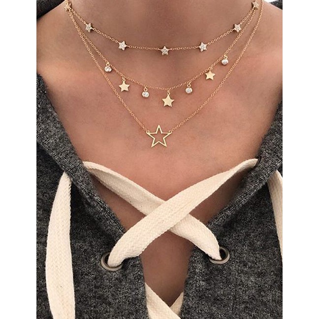 LRC Kalung Fashion Gold Color Alloy Multilayer Five-pointed Star P82881