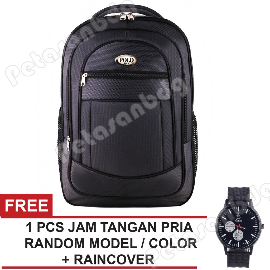 PTS -Polo USA - Chameleon Laptop Backpack - Grey CB01 + Raincover +FREE Jam Tangan Pria Random Model