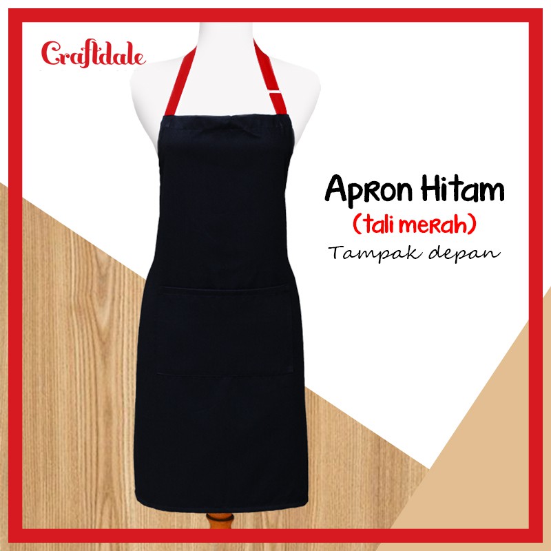 Celemek hitam polos tali merah, cocok untuk celemek spg/bazaar, acara masak-memasak, dsb