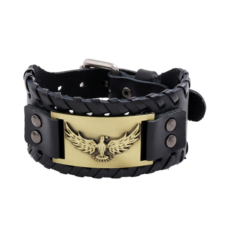 [Z H Perhiasan] Hip Hop Rock Retro Pria Fashion Stainless Steel Viking Eagle Rune Gelang Kulit Pesta Perhiasan Aksesoris