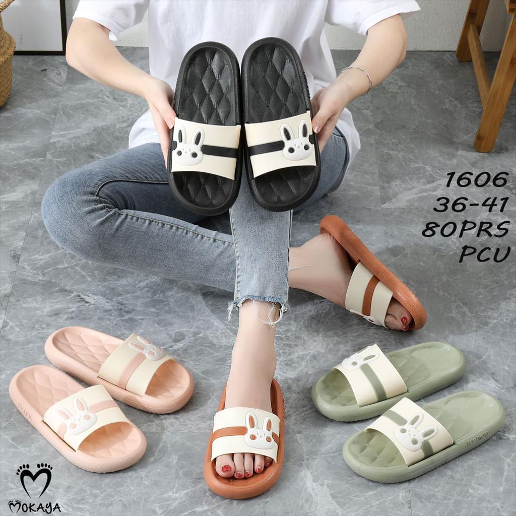 Sandal Slop Jelly Karet Wanita Ban Bunny Garis Cantik Lucu Sol Motif Tebal Empuk Kekinian Import Mokaya / Size 36-41 (1606)