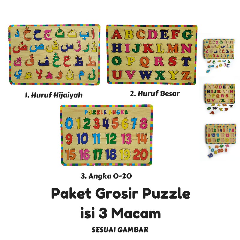 Rapid Toys Isi 3 Paket Puzzle Kayu Edukasi Edisi Baru / Huruf Hijaiyah Huruf Besar Dan Angka