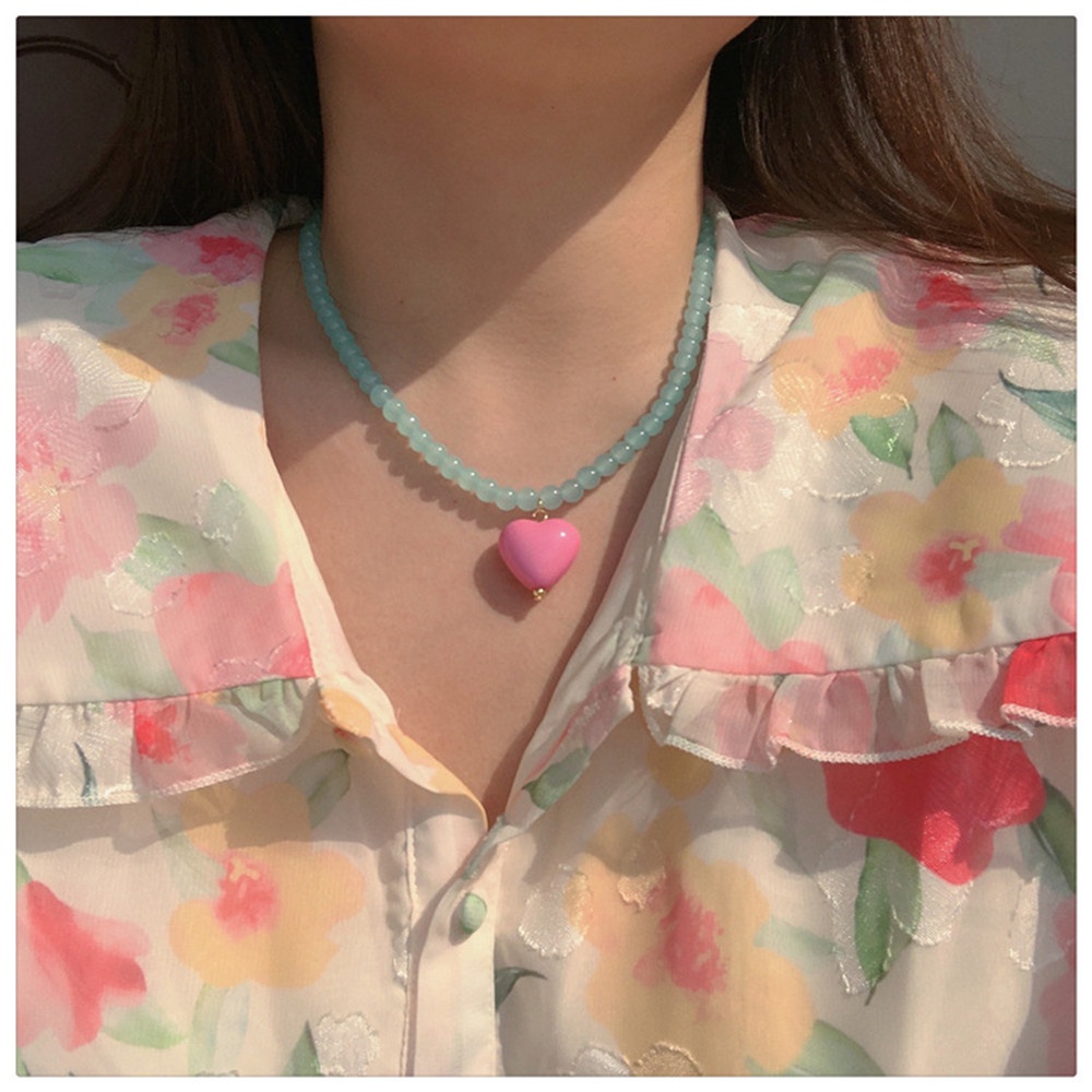 【COD Tangding】Kalung Choker Rantai Klavikula Hias Manik-Manik Kristal Bentuk Hati Warna Pink Biru Mint Untuk Perempuan