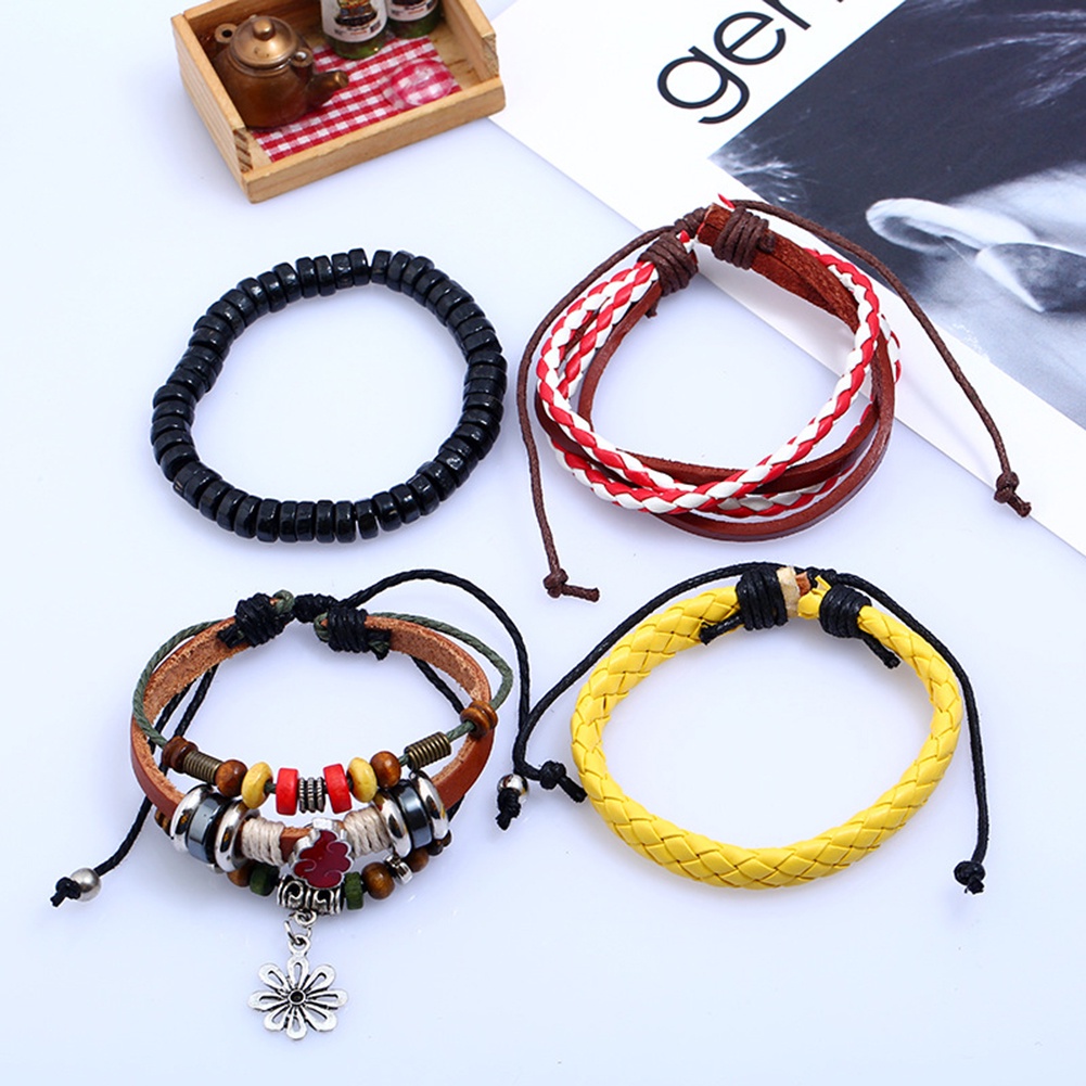 Hu Hu Hu Hu Hu Alat Bantu Pasang Kacamata♡ 4pcs / Set Gelang Multilayer Bahan Kulit Imitasi Gaya Retro Etnik Untuk Wanita