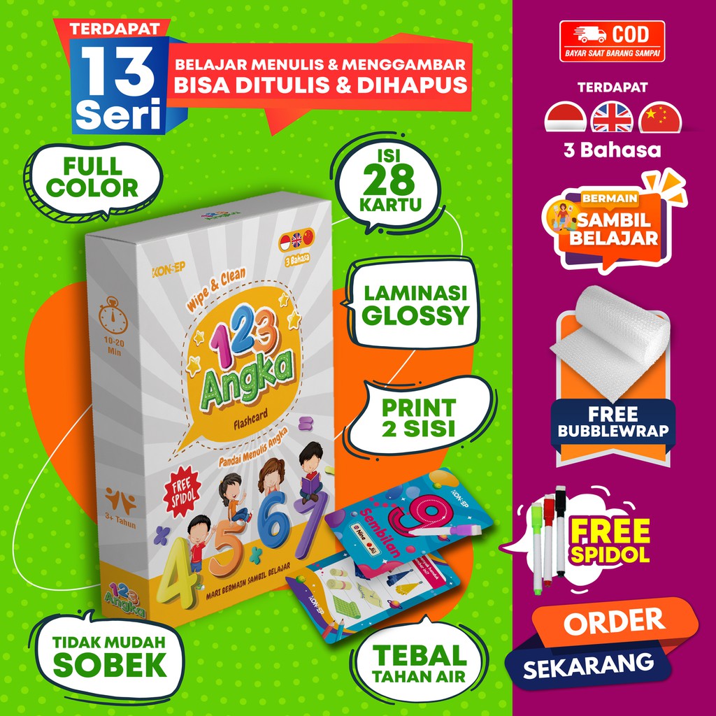 [FREE SPIDOL] Konsep Flashcard Wipe and Clean 123 Angka / Flash Card / Mainan Edukasi Kartu Pintar