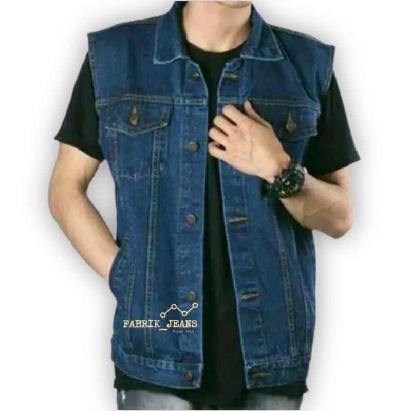 Rompi Jeans Pria BIOWASH / Vest Jeans Cowok BIRU TUA Bahan Denim Tebal Ukuran M L XL XXL XXL