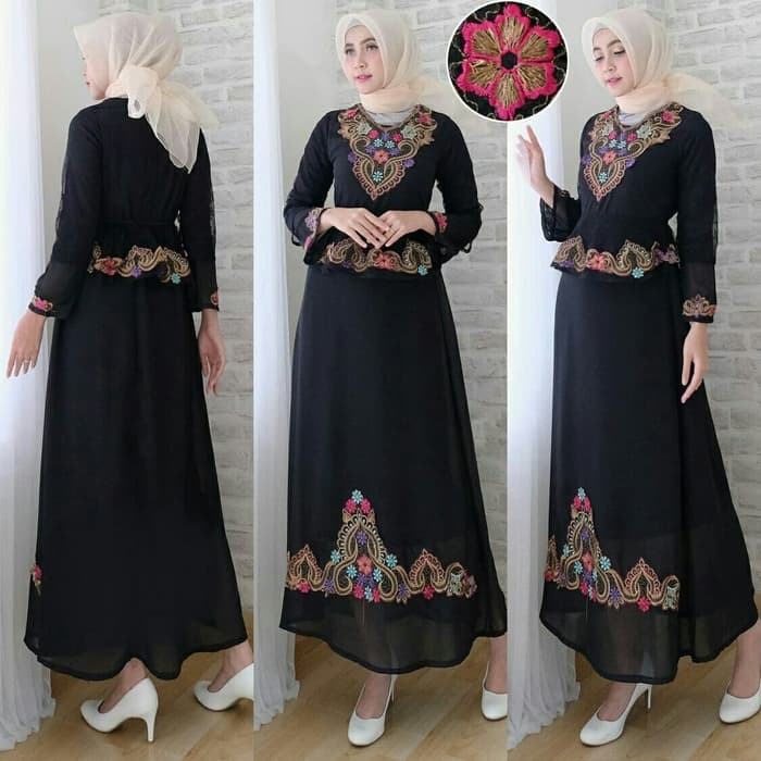 V541 Gamis Maxi Bordir Dress Cantik Perempuan Muslim Kece Gaun Anggun Cewek Hijab Kondangan/Pesta