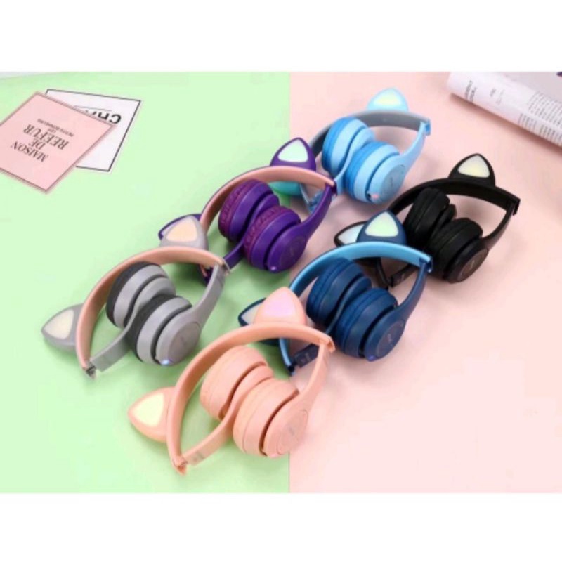 HEADSET HANDSFREE LED BANDO CAT MACARON BLUETOOTH MICRO SD MZ-P47