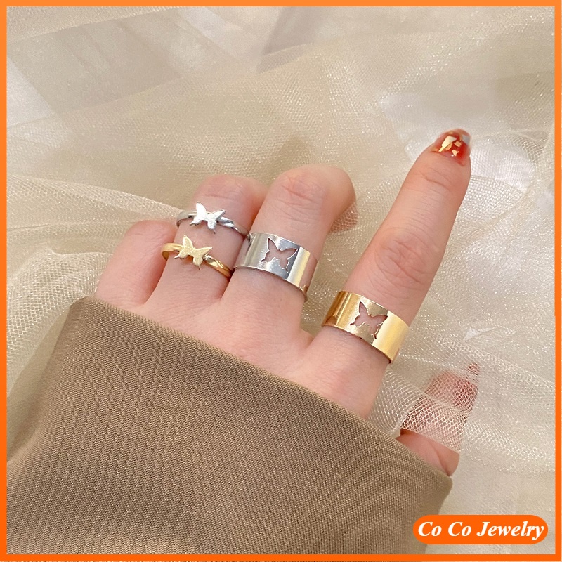 2pcs / Set Cincin Pasangan Desain Kupu-Kupu Gaya Punk Untuk Hadiah