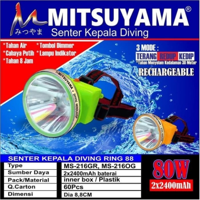 Senter Kepala Selam Diving Cahaya Putih 80W Dimmer Mitsuyama MS-216