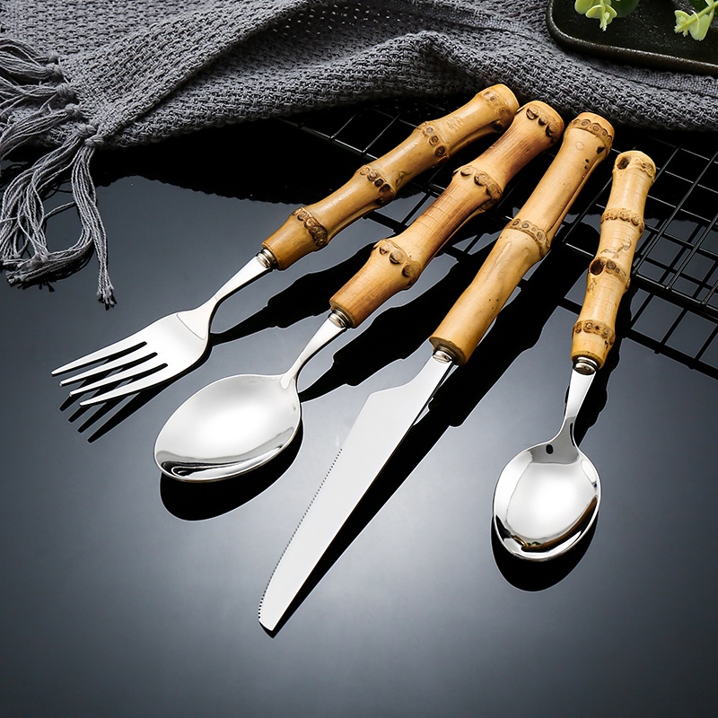 4 Pcs Bamboo Handle Tableware Set Steak Knives Cutlery Stainless Steel Flatware Cutlery Set Dinnerware For Dinnerware