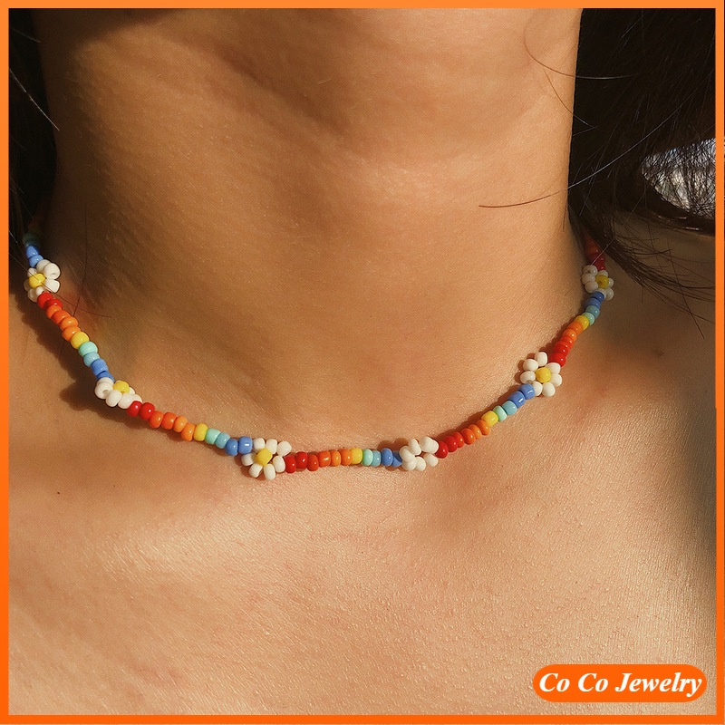 Colorful Beads Flower Necklace Woven Small Daisy Bohemian Clavicle Chain Women Girl Jewelry Accessories
