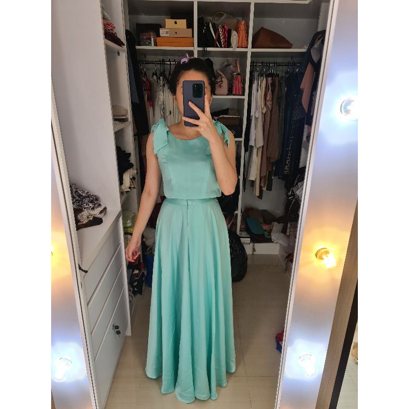 PRELOVED set crop top dan rok pesta slit skirt satin