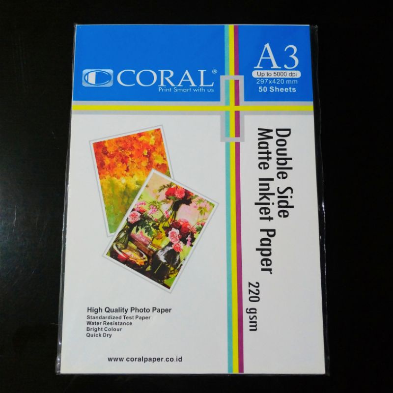 

Kertas Inkjet A3 220 gsm Dua Sisi / Coral Double Side Matte Inkjet Paper