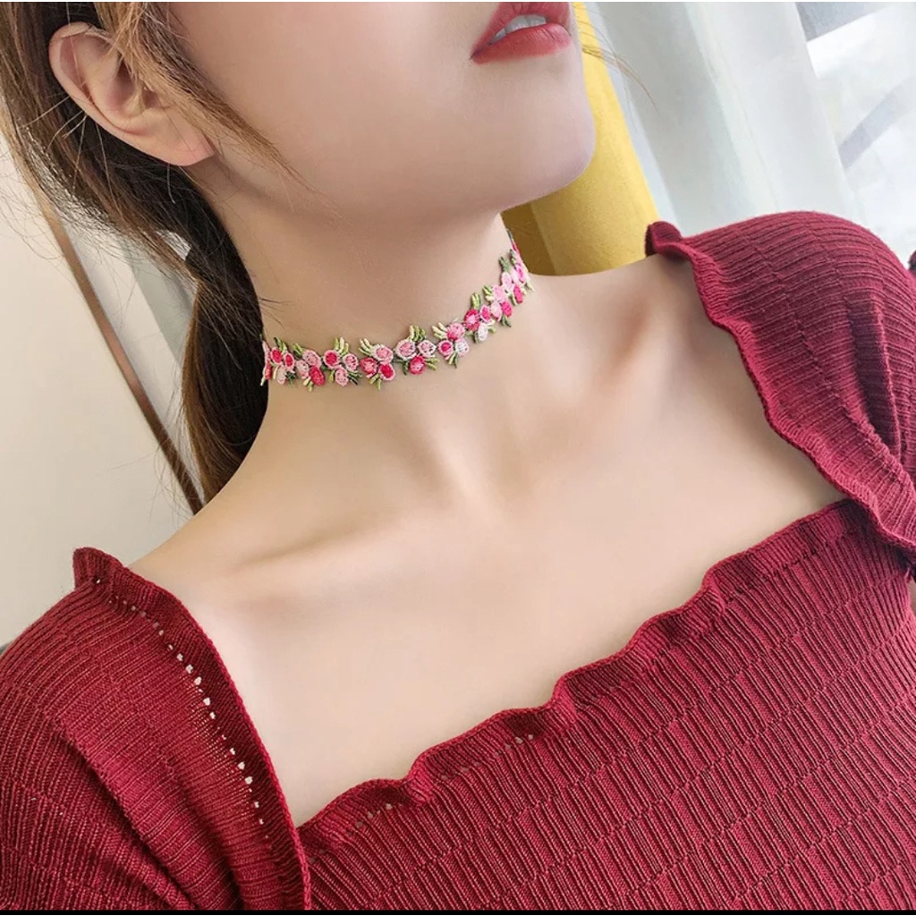 Kalung choker wanita design bunga korean style terkini