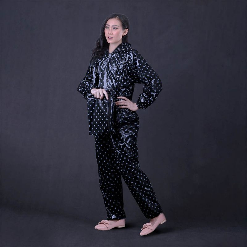 PROMO MUSIM HUJAN | Jas Hujan Perempuan Dewasa Hitam Polkadot Tebal Terbaru Setelan Baju Celana | Mantel Cewe | Mantel Wanita Bahan Premium Original Termurah