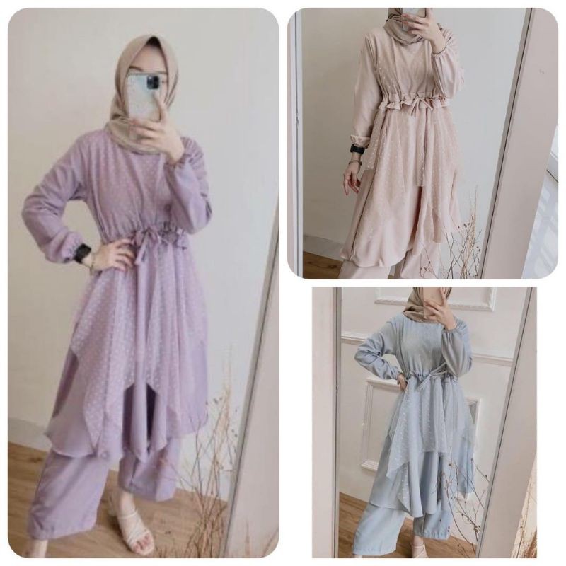 SET LILAC TUNIK SETELAN celana+tuniq dotty UNGU set polka set muslim setelan brokat polka