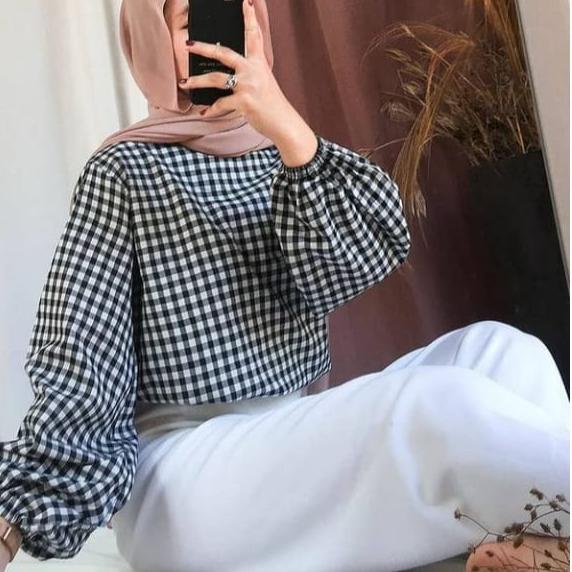 ☊ ALFAZZA STORE/APIK TOP/ BLOUSE WANITA/KEMEJA WANITA/BLOUSE TANGAN BALON/BLOUSE KOTAK KOTAK [[]] ☎